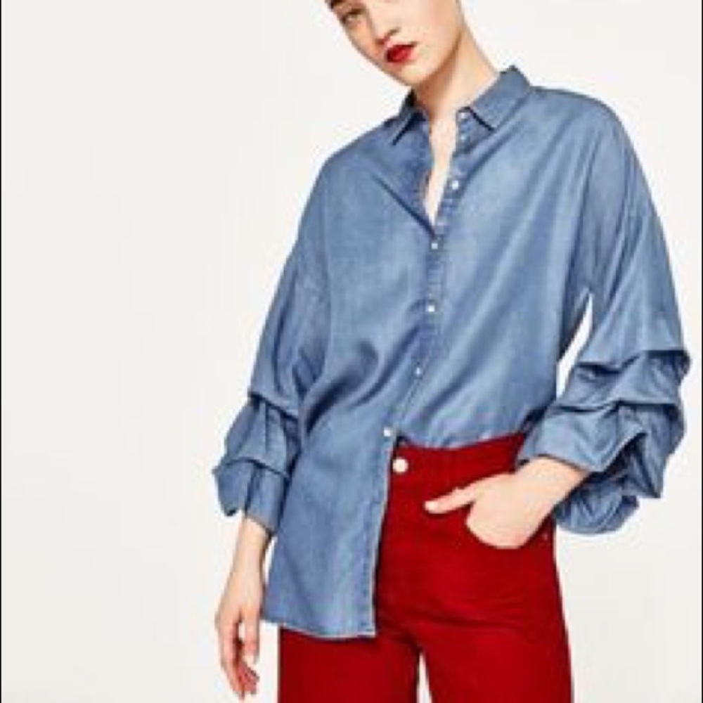 Zara Chambray Frilled Sleeve Button Up