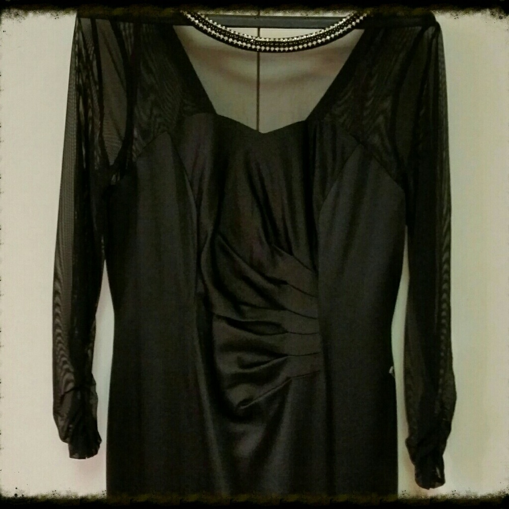 NWT Black Satin Evening Gown with Brilliant Jewels