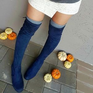 Blue Suede Knee High Boots