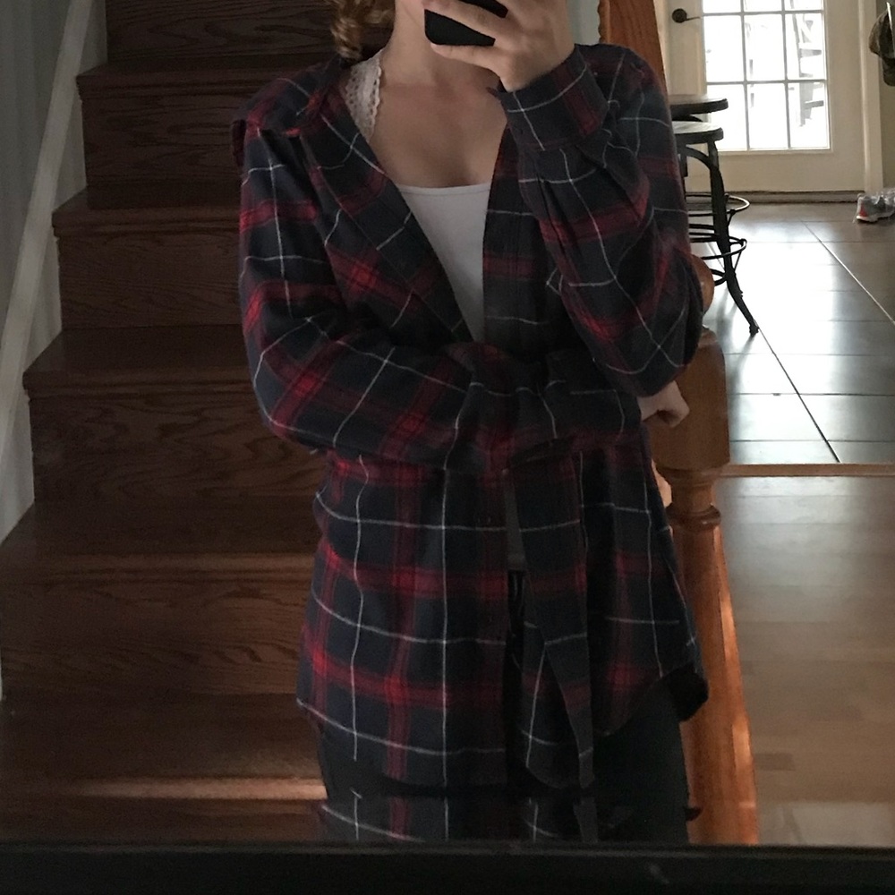 Navy blue and red hooded  flannel top
