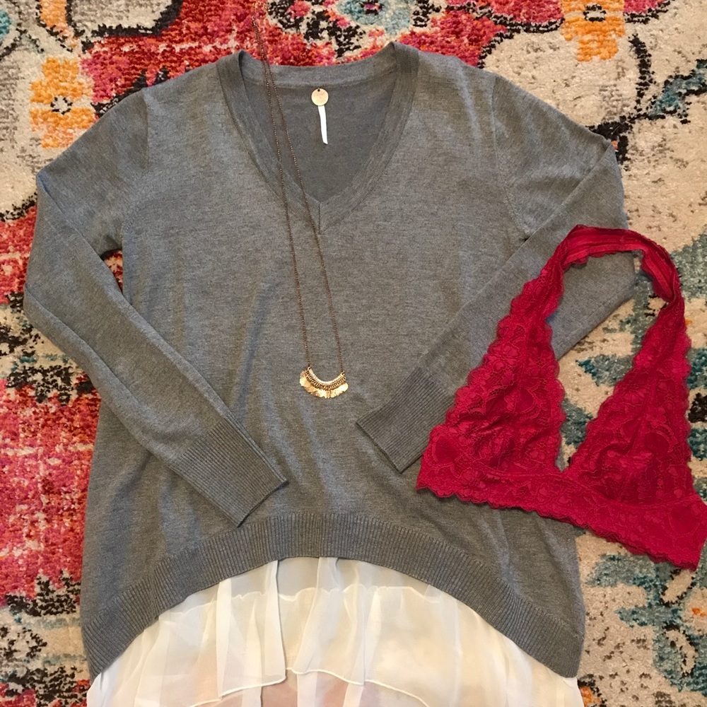 Grey Sweater with Cream Chiffon Hem, BRAND NEW!