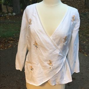Anthropologie Linen wrap top w/ seen flowers S
