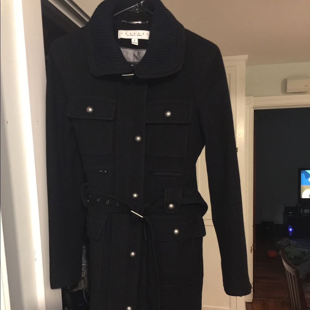 Women's Black Belted Military Wool Coat