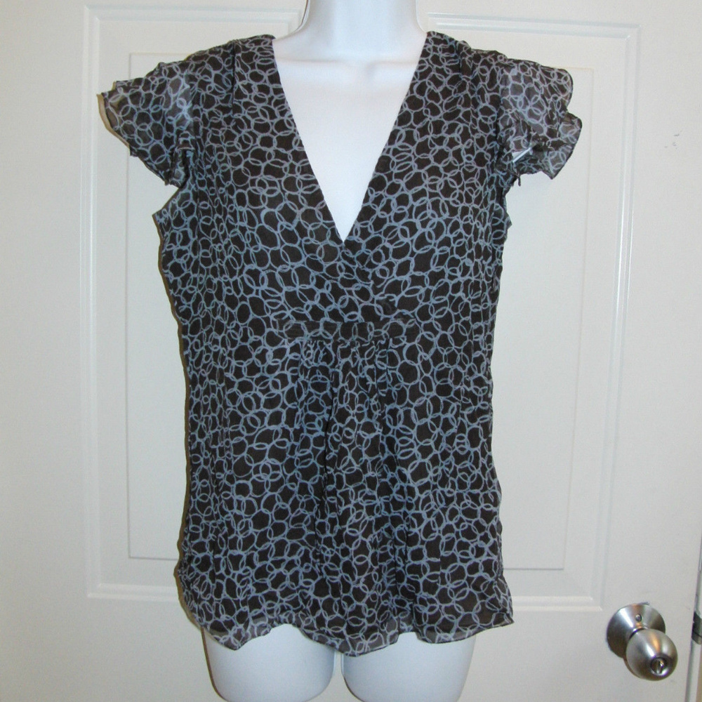 Short Sleeve Dark Brown and Blue Silk Blouse