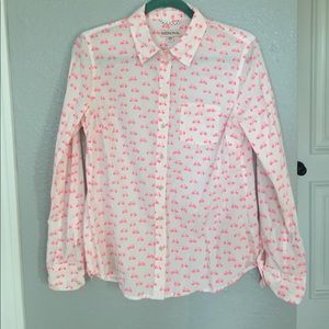 White button up shirt with pink bicycle print