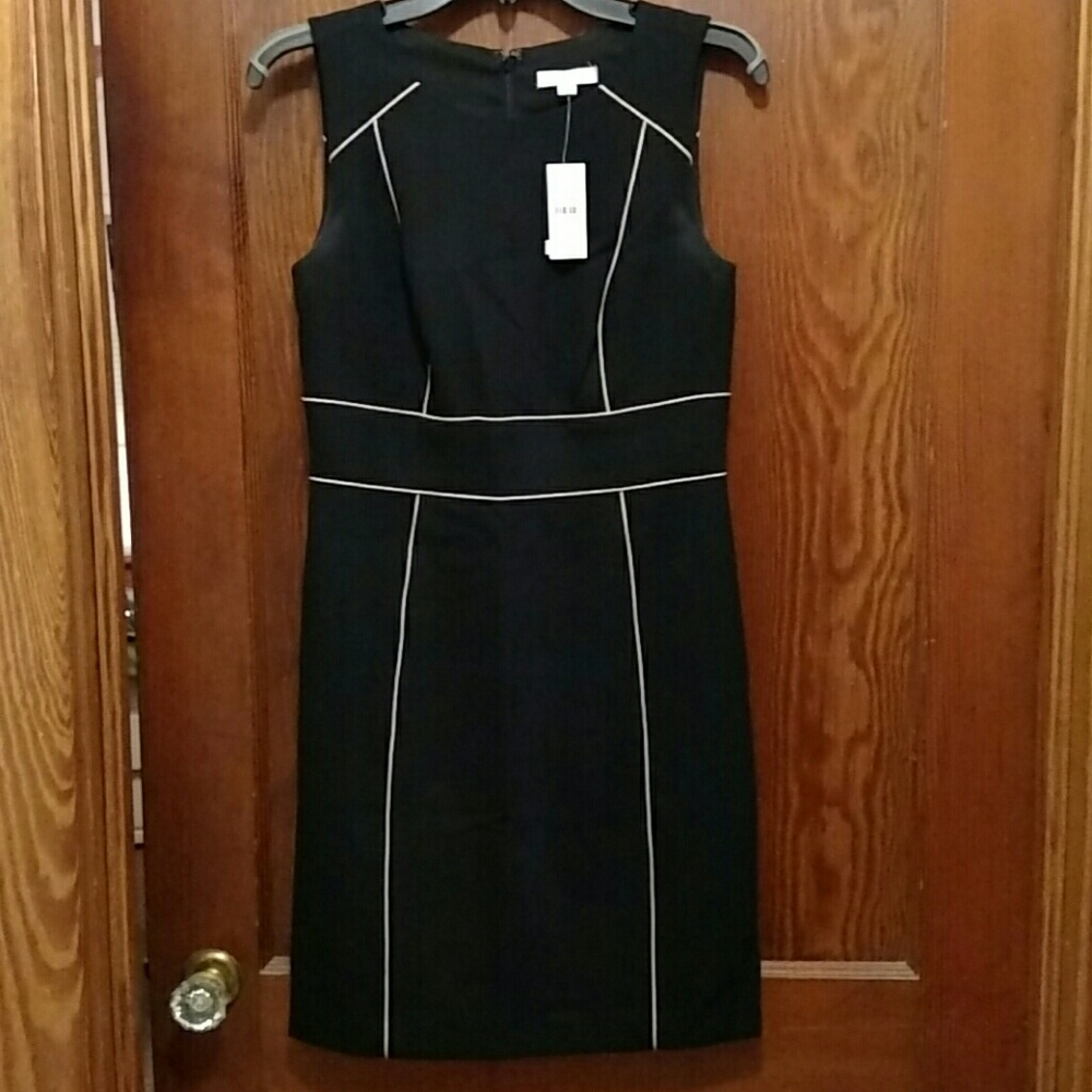 NWT LOFT black dress with tan piping