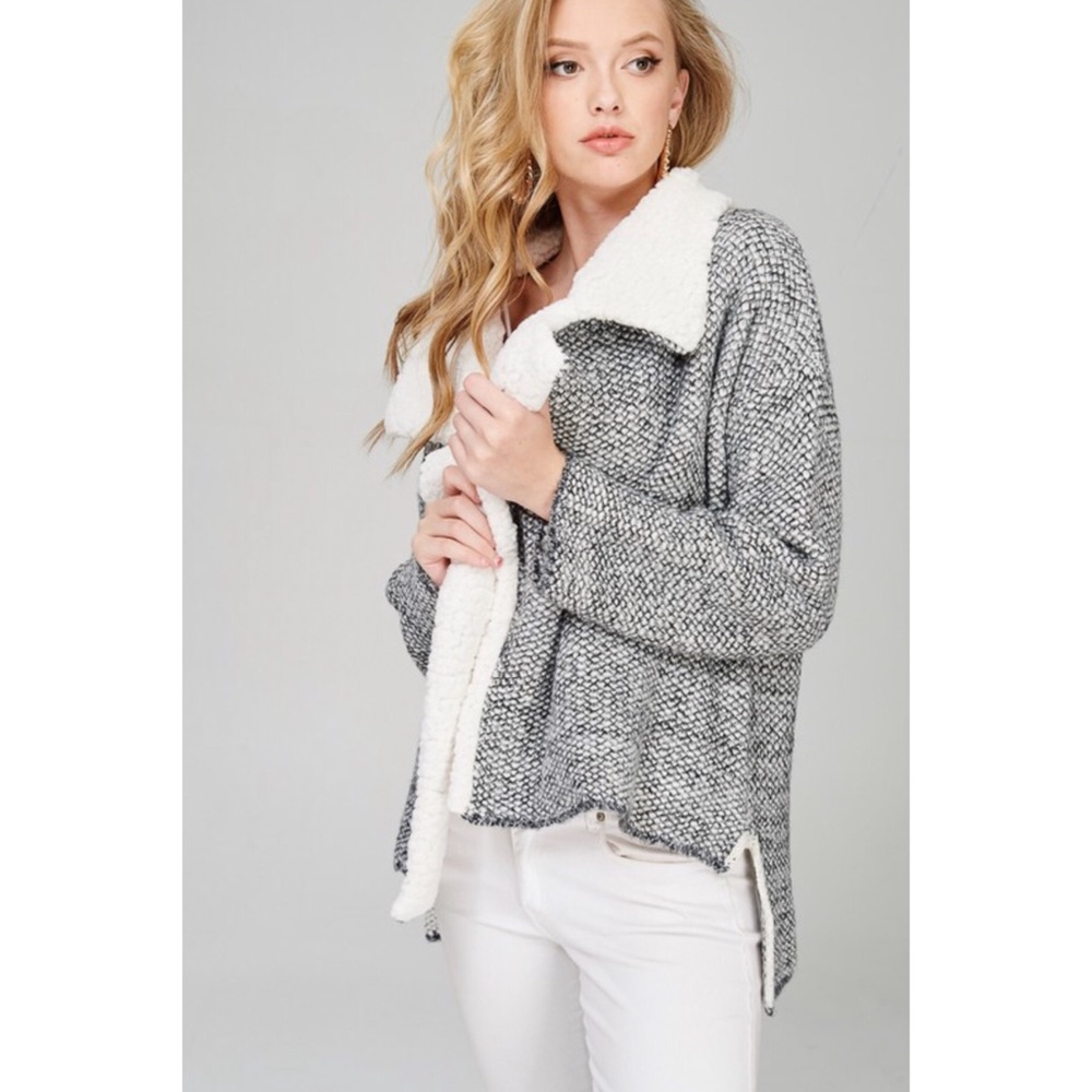 shearling Tweed Sweater Moto Jacket - Picture 4 of 6