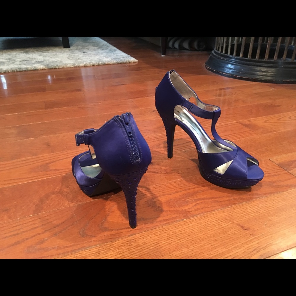 Never worn-platform high heels, blue satin