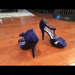 Never worn-platform high heels, blue satin