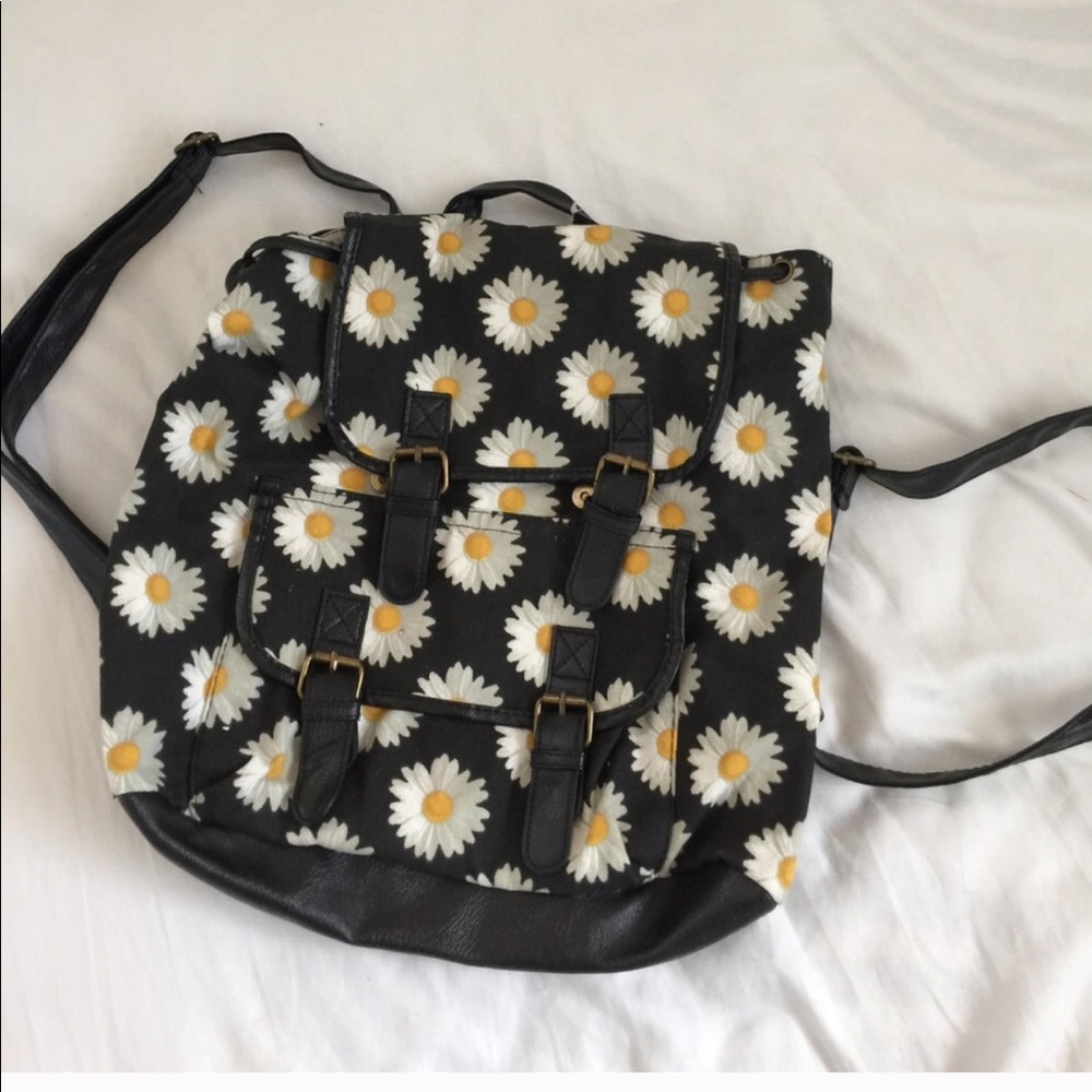 Daisy Print Black Leather Backpack