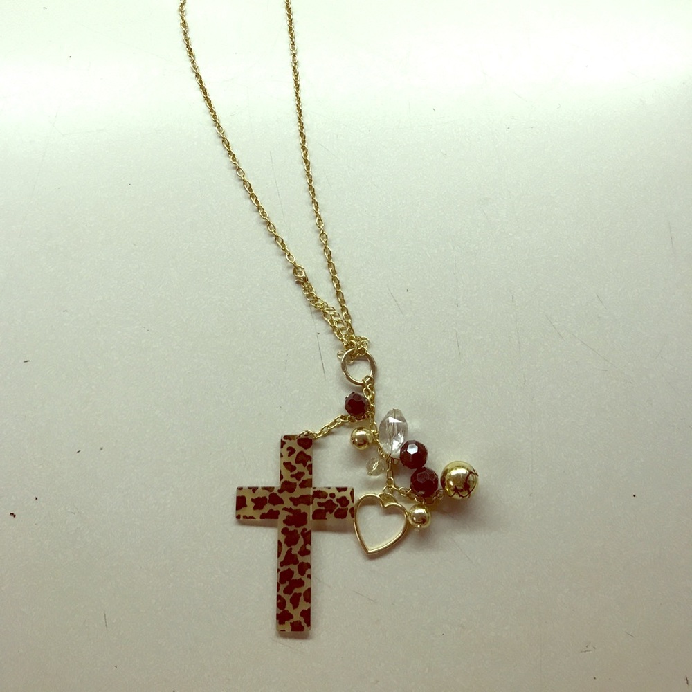 Gold, Cheetah Cross Heart Necklace