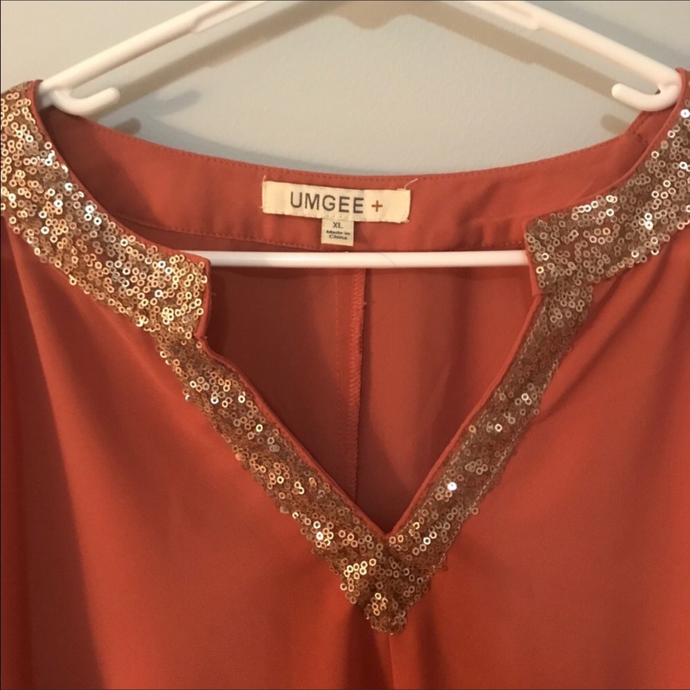 Coral with gold sequin embellished top