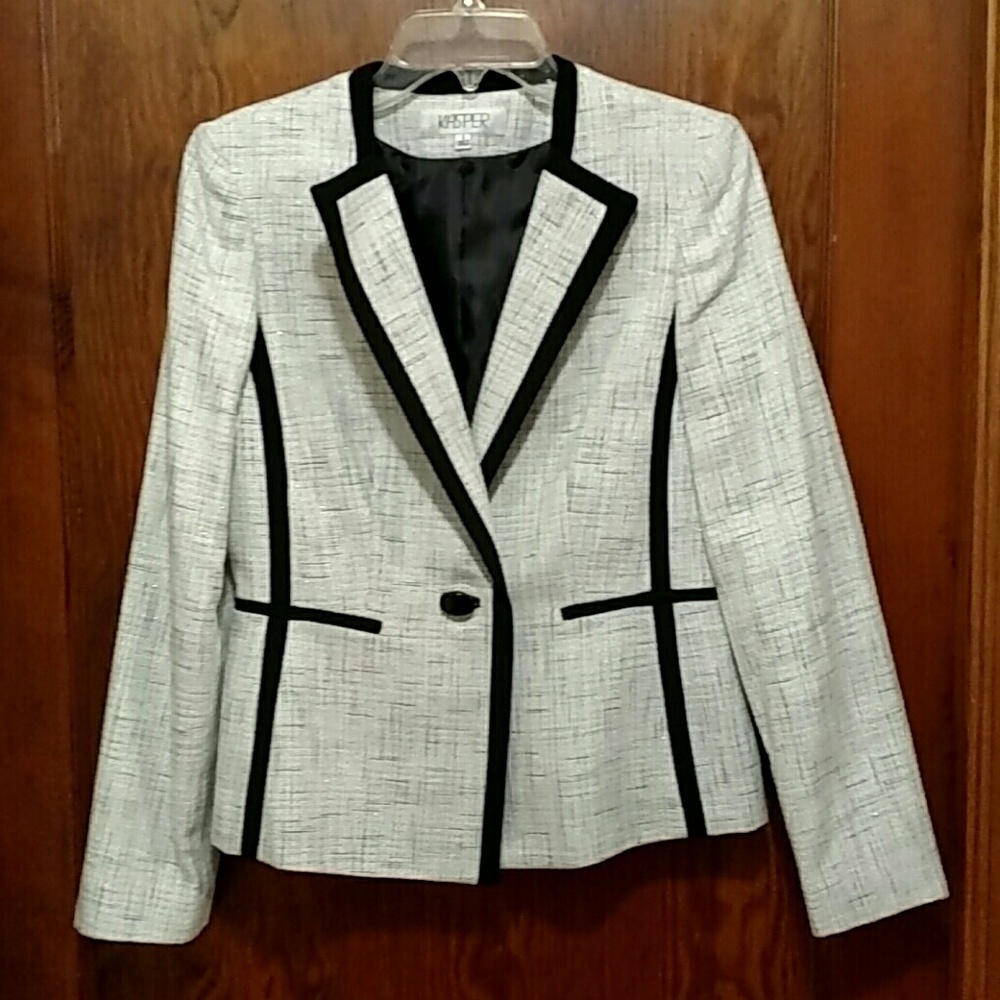 Kasper gray shimmer tweed jacket with black trim