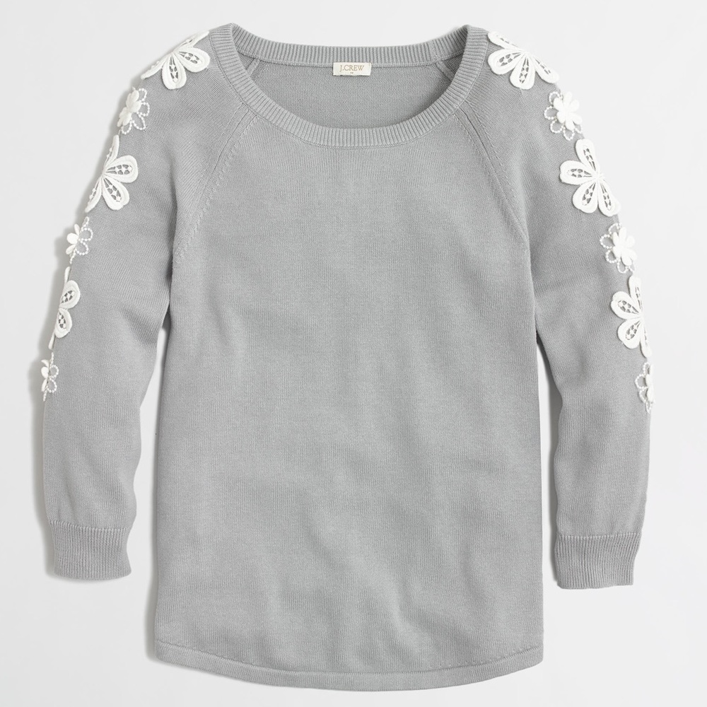 J. Crew grey floral crochet 3/4 sleeve sweater
