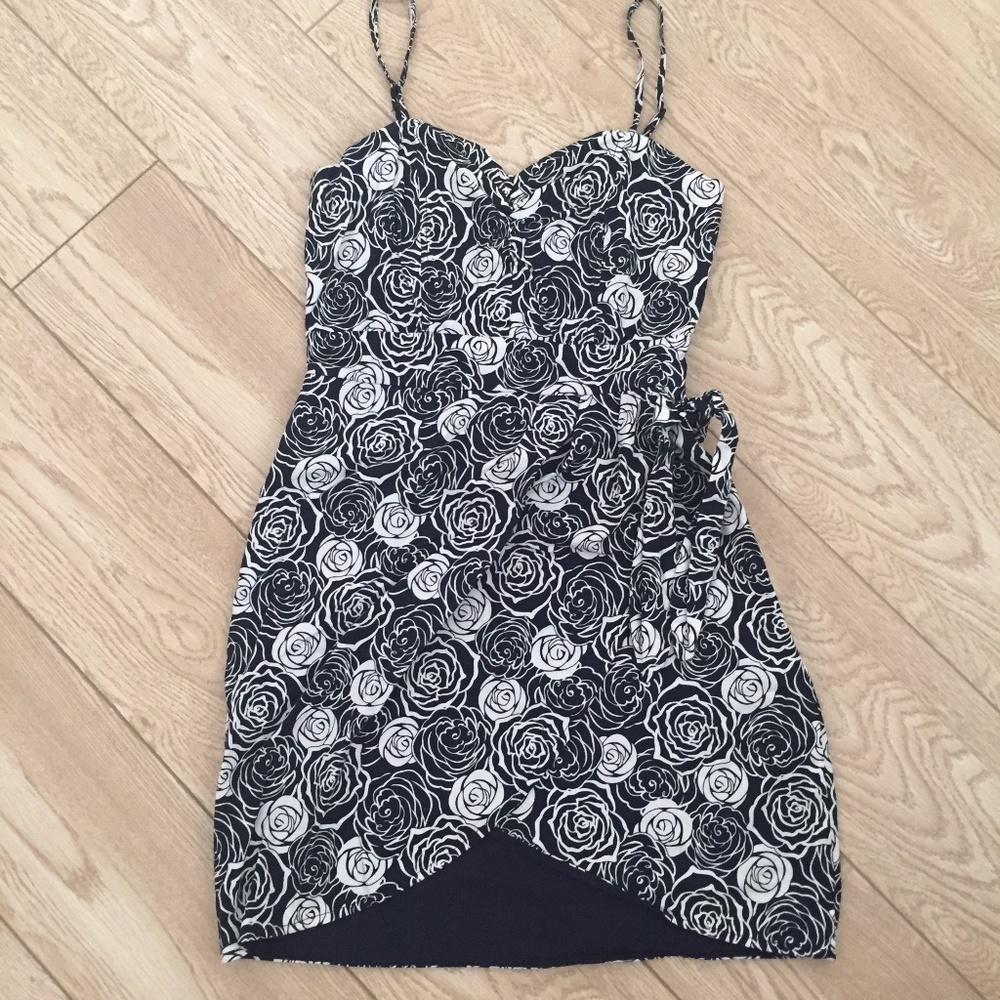 Blue Rose Print Wrap Dress Tulip Hem