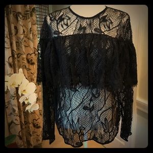 Sheer Blk Lace Ruffed Top - Sizes M, L