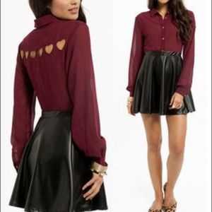 WINE SHEER Button CHIFFON HEARTS CUT OUT BACK LONG