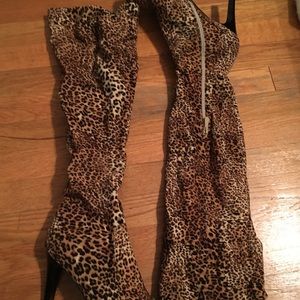 Leopard suede knee length boots