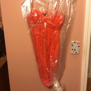 Coral Knee Length Formal Dress w/ Rhinestones