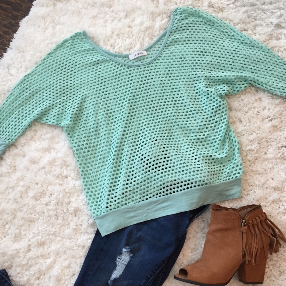 Mint green big hole lace layering top shirt trendy