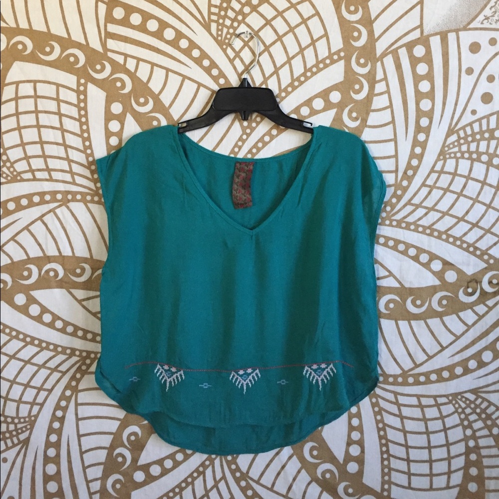 Teal Crop Top with tribal inspired embroidery