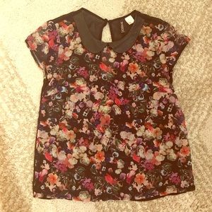 H&M floral blouse, vegan leather Peter Pan collar