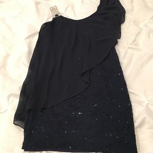 Navy blue, one shoulder detailed mini dress