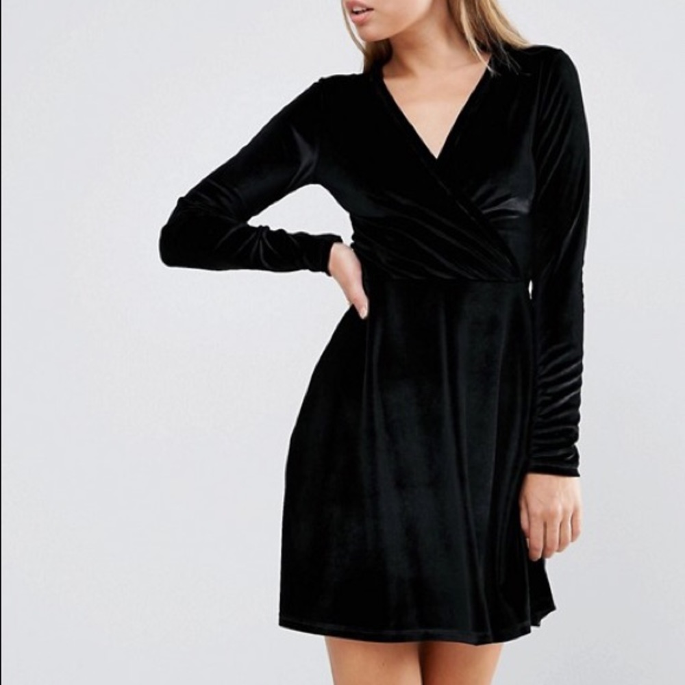 Black Velvet Long Sleeve Skater Wrap Dress