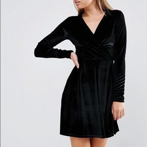 Black Velvet Long Sleeve Skater Wrap Dress