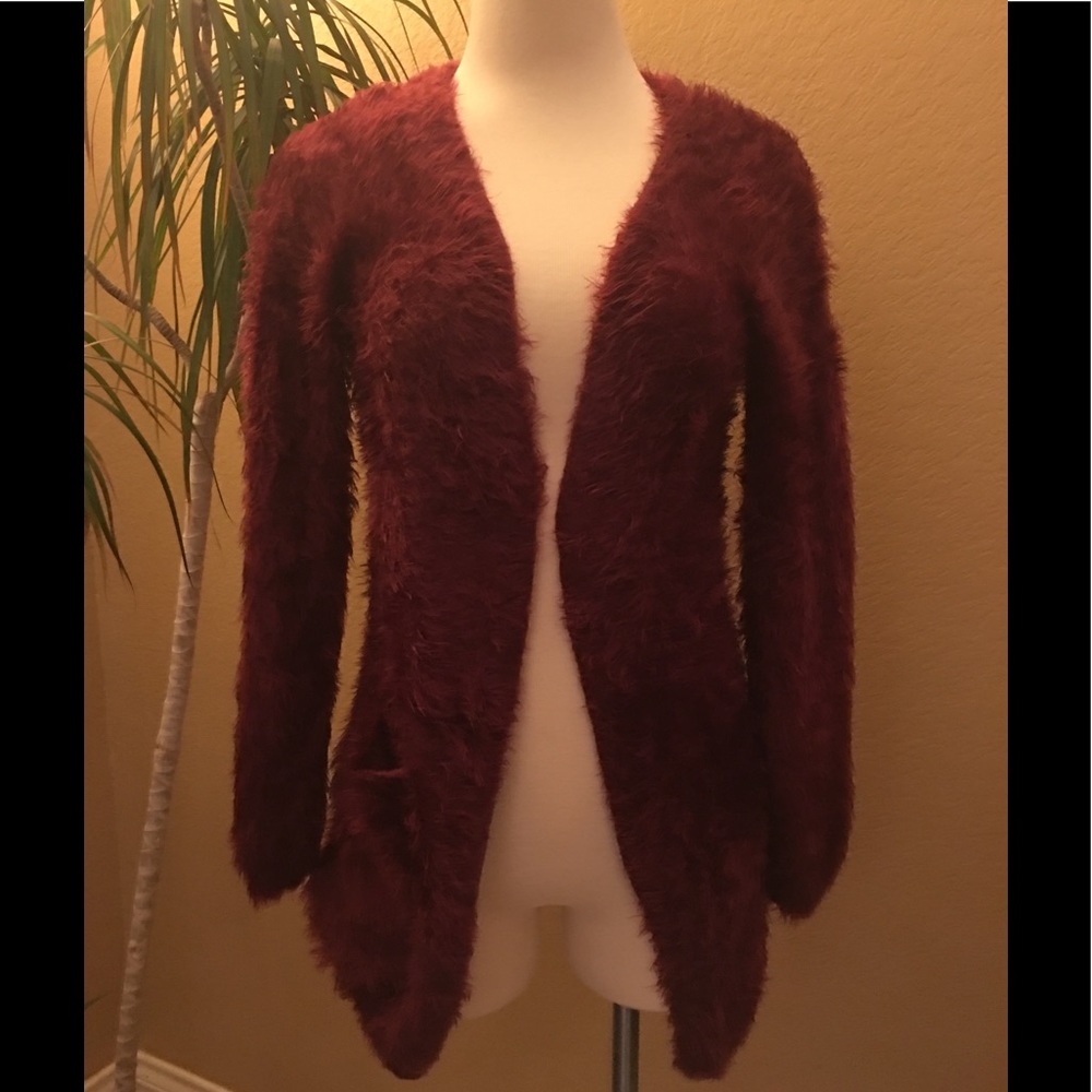 Rich Burgundy Faux Fur Cardigan w/Pockets