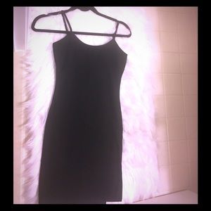 Spaghetti strap mini black dress with thigh slit
