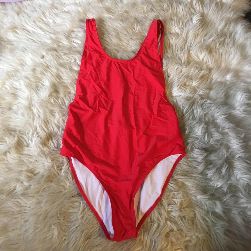 Red high leg one piece