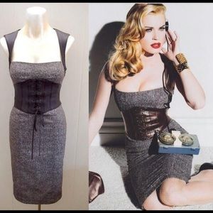bebe tweed pencil dress with leather corset