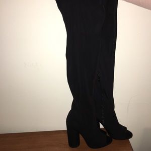 Thigh High Peep Toe Boots in Black Lycra