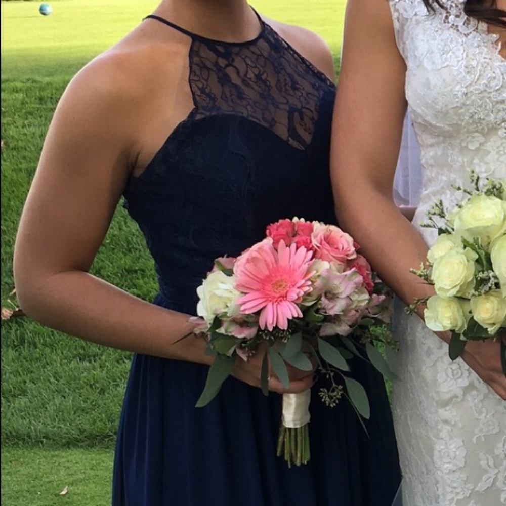 Bridesmaids Dress,  Long Navy with Lace Top.