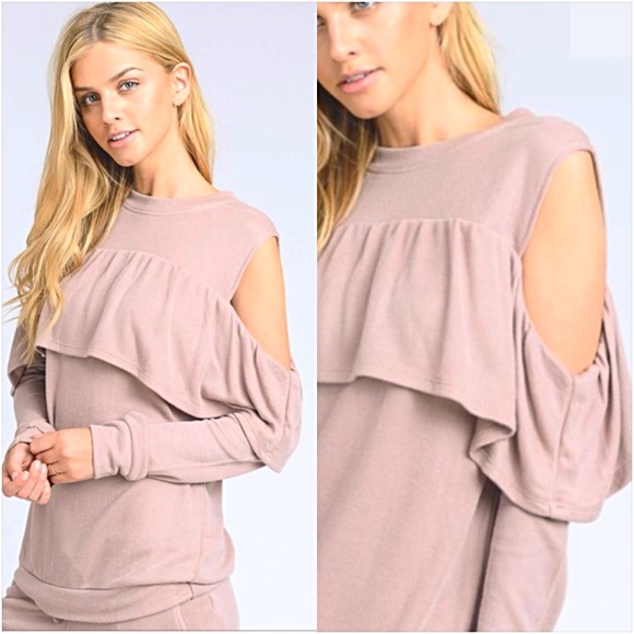 Soft Blush Cold Shoulder Ruffle Top S - Picture 5 of 6