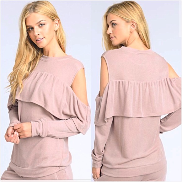 Soft Blush Cold Shoulder Ruffle Top S - Picture 2 of 6