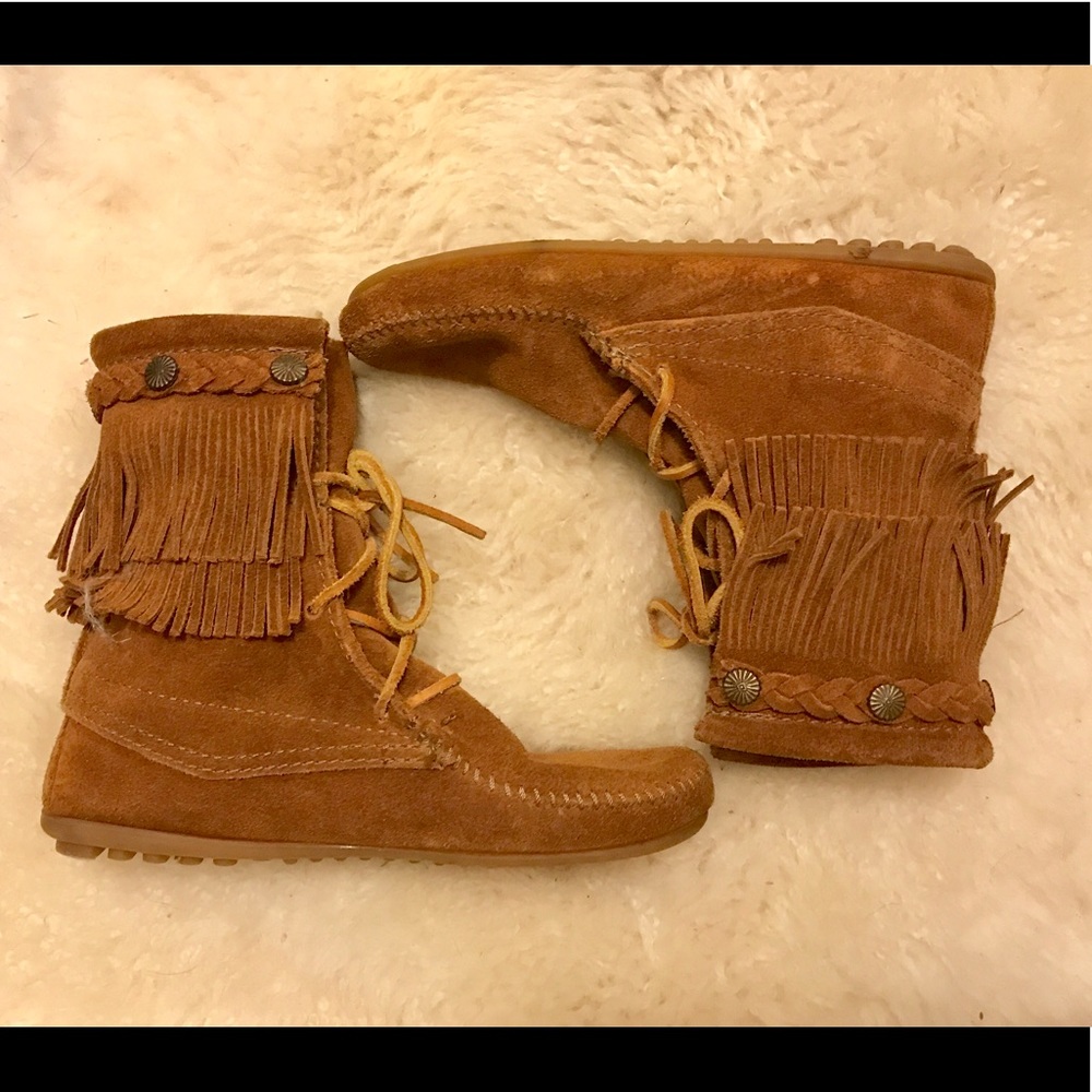 Brown suede and leather fringe Minnetonka Booties