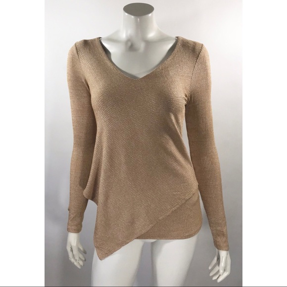 White House Black Market Sweaters - WHBM Sweater XS Gold Ribbed Asymmetrical Hem Top