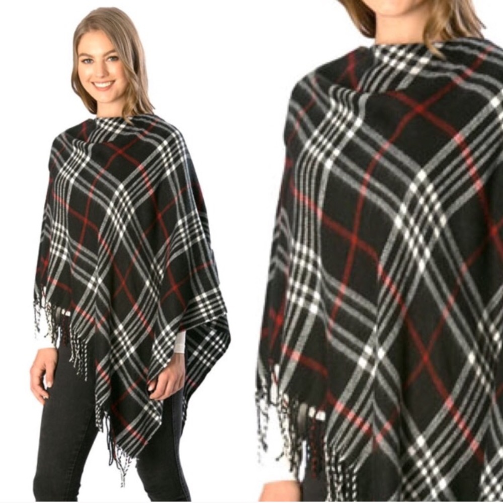 Plaid Poncho black red white