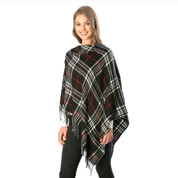 Plaid Poncho black red white - Picture 2 of 2