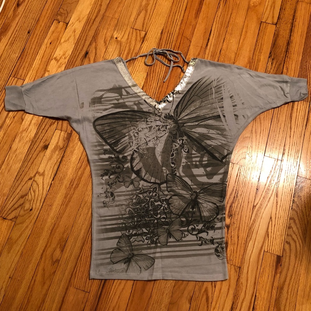 Wet Seal Butterfly Sequined Collar Shirt Top