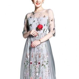 Grey Mesh Embroidered Floral Midi Dress