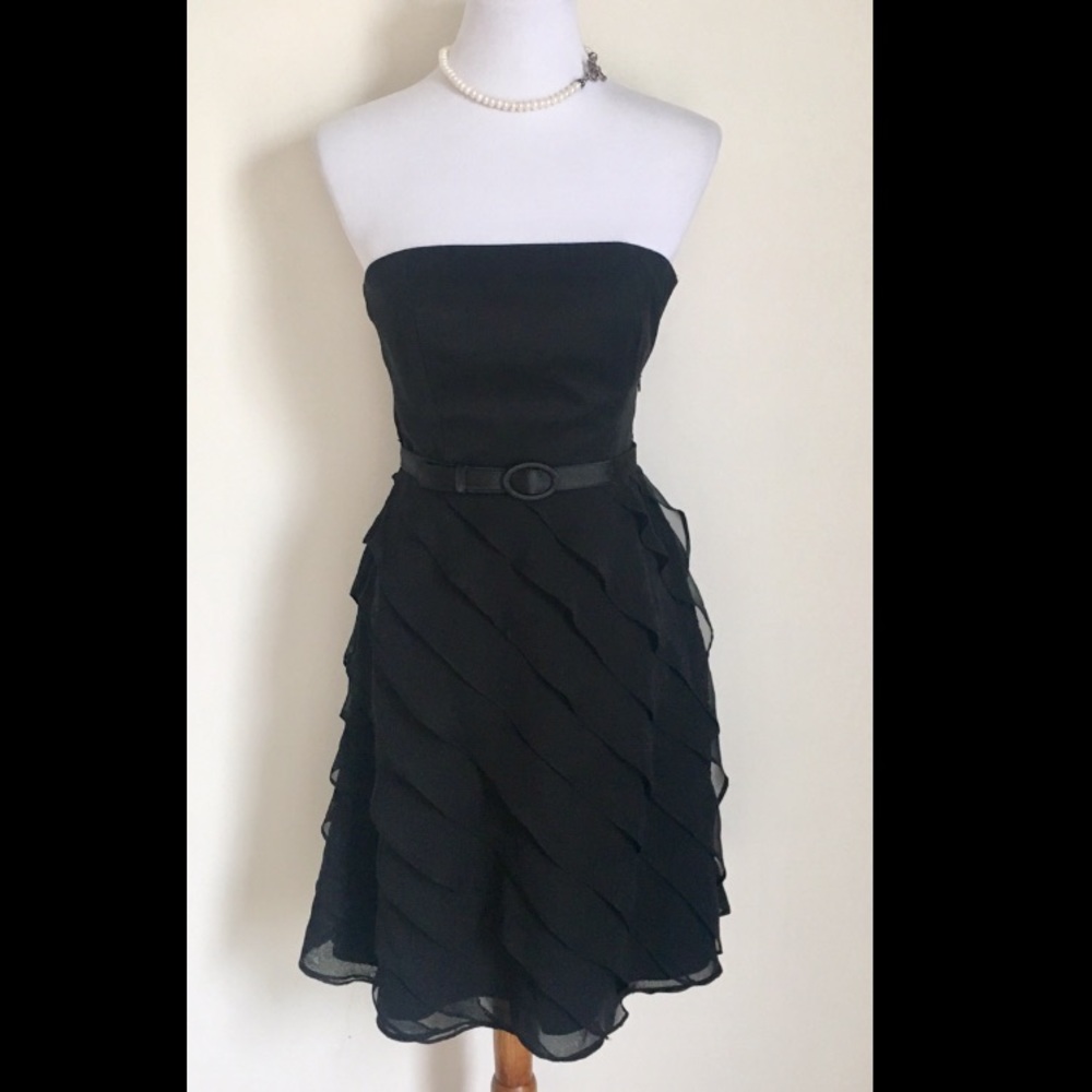 WHBM Black Chiffon Ruffle Strapless Dress