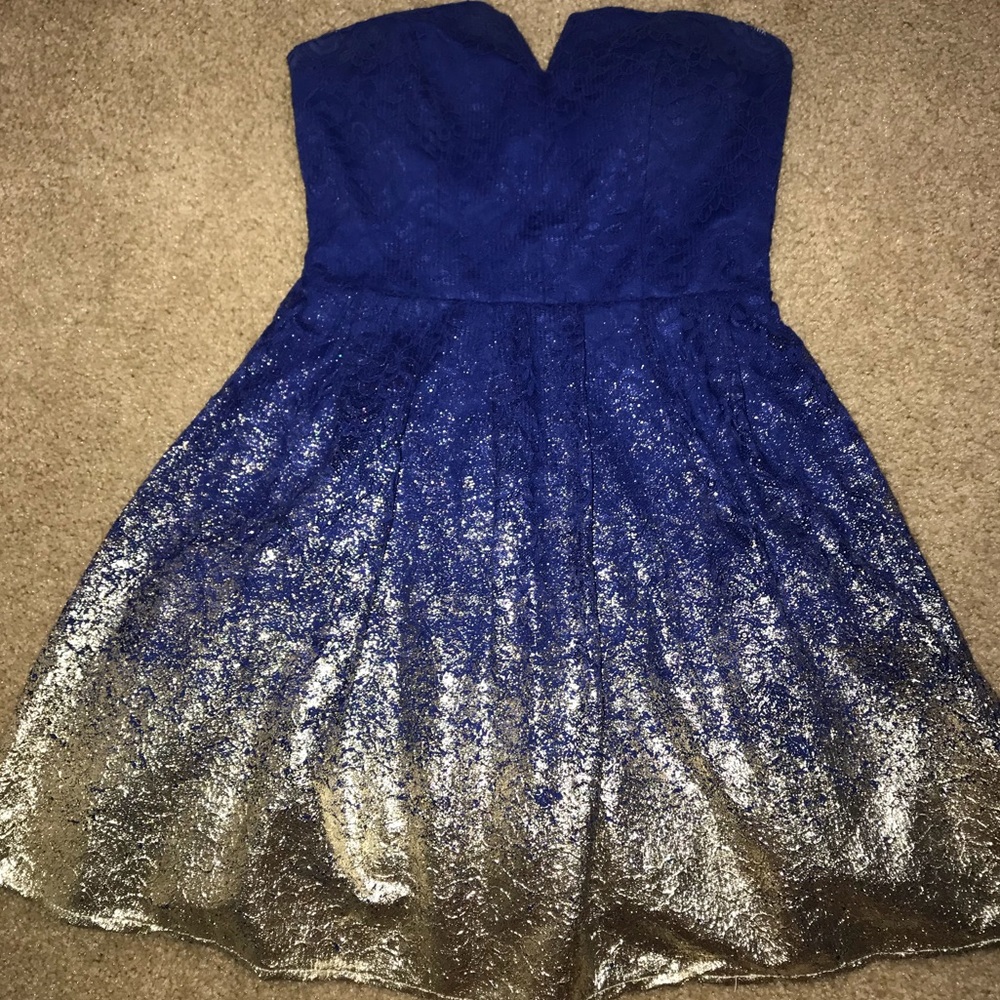 Strapless Blue and Gold Cocktail Dress