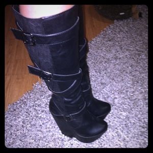 Black Dollhouse knee-high wedge boots