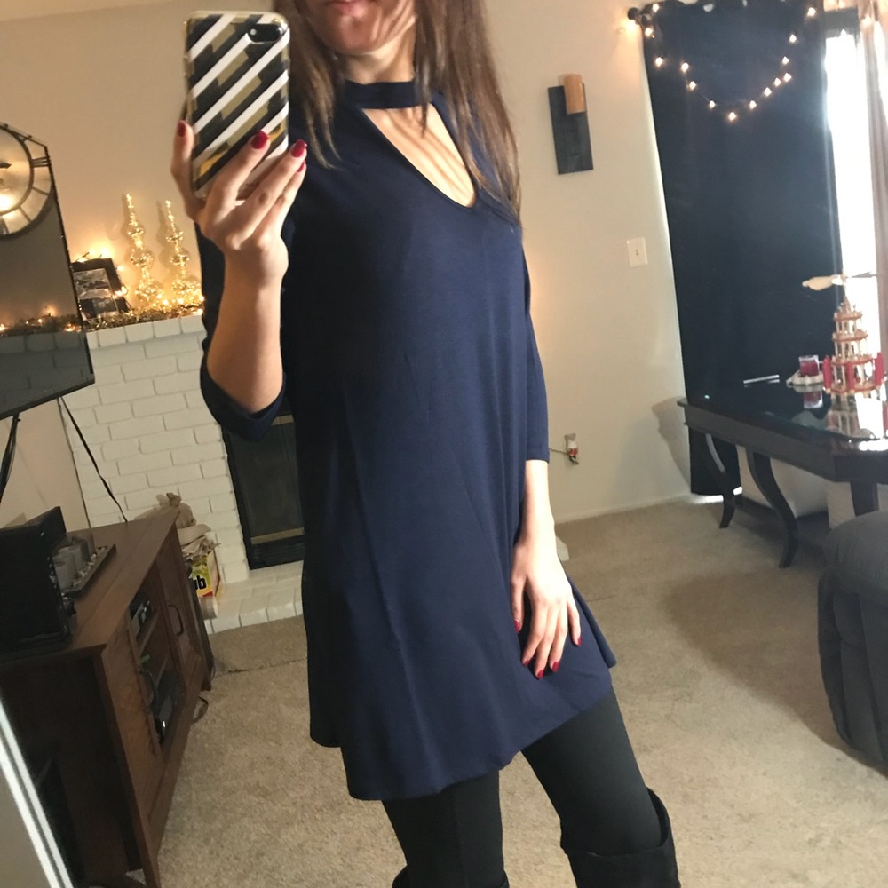 Navy Choker Neck Top With Pockets - Picture 2 of 7