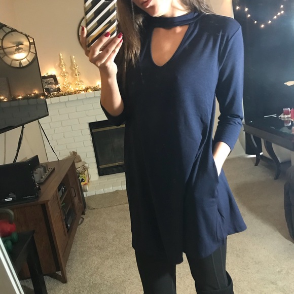 Navy Choker Neck Top With Pockets - Picture 3 of 7