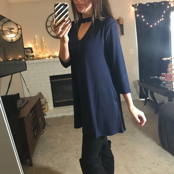 Navy Choker Neck Top With Pockets - Picture 5 of 7