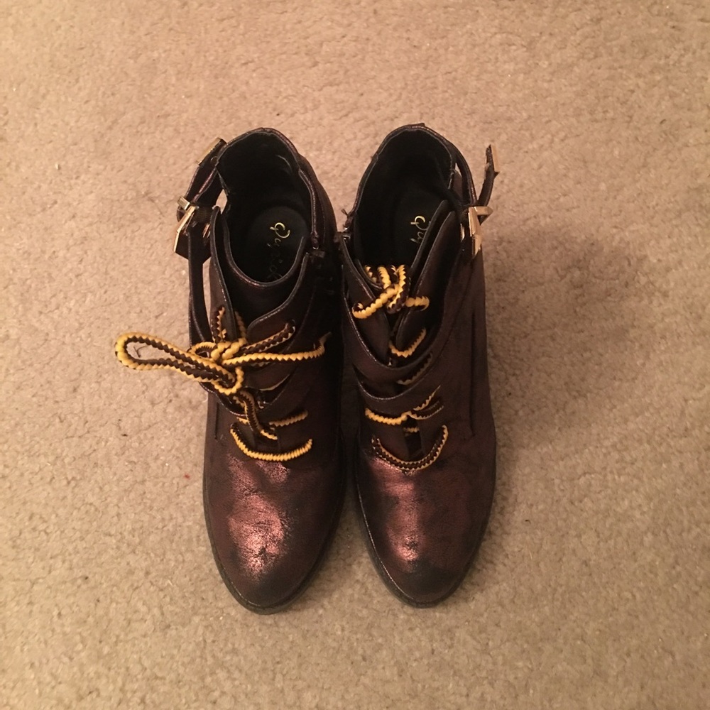 Bronze tie up ankle boots with gold buckle detail